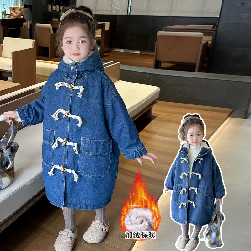 

Girls' Denim Jackets Autumn Winter Plush Coat Children Parka Blue Outwear Bull Horn Buckle Windbreaker For Kids TR316