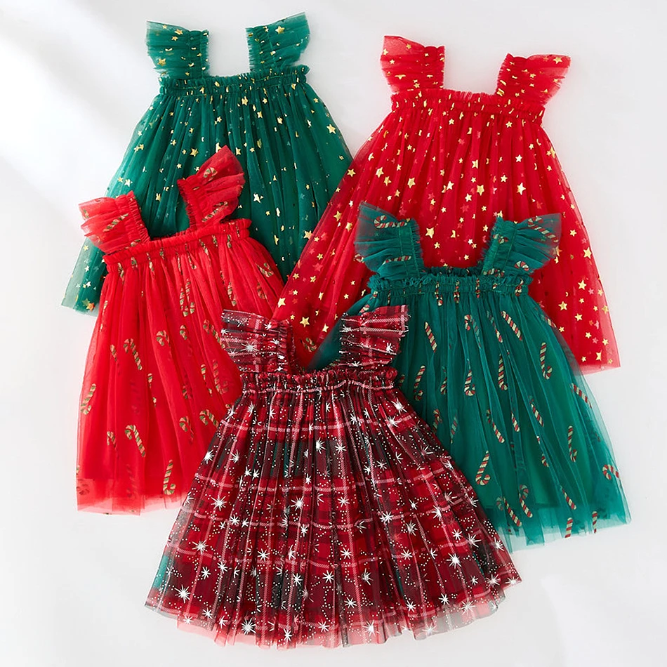 

Платье на бретельках со звездами и пайетками для младенцев, красное, зеленое, рождественское сетчатое платье принцессы для маленьких девочек, пышные платья принцессы, праздничная одежда для малышей
