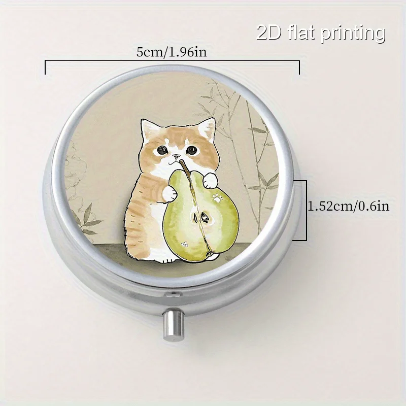 1 Creative Pear-Shaped Metal Box with Cat Print, Featuring 3 Compartments, Portable Mini Pill Box, Vitamin Pill Organizer, Portable Metal Box for Home and Travel, Multifunctional Sorting Storage Box, Suitable for Storing Decorations, Earrings, and Jewelry