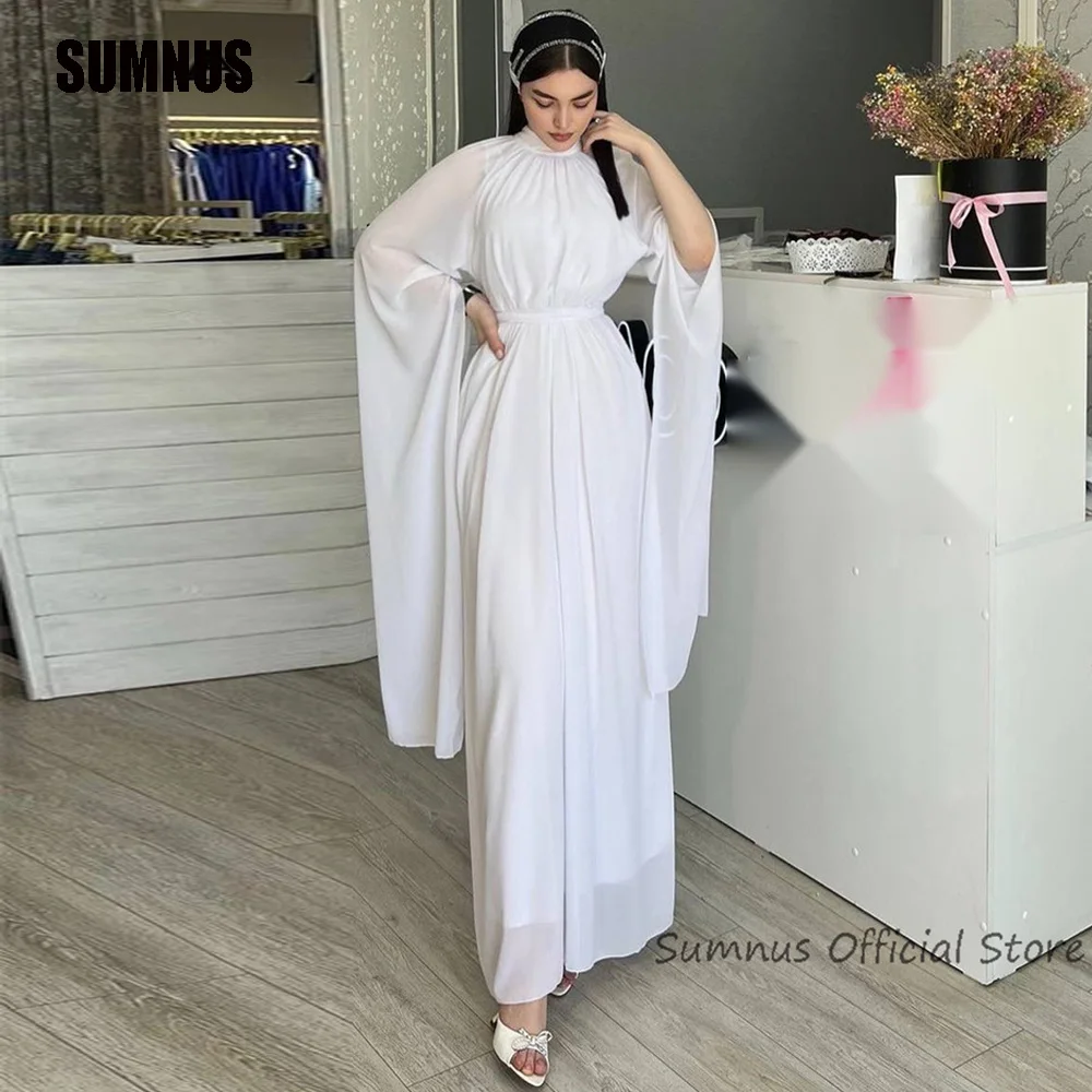 SUMNUS High Neck White Chiffon Evening Dresses Country Sexy Split Long Sleeves Floor Length Belt Prom Gowns Formal Party Dress