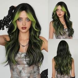 NAMM Layered Wig Synthetic light Green Wig for Women Cosplay Highlight Dyeing Green Wavy Wigs with Fluffy Bangs Resistant Fiber