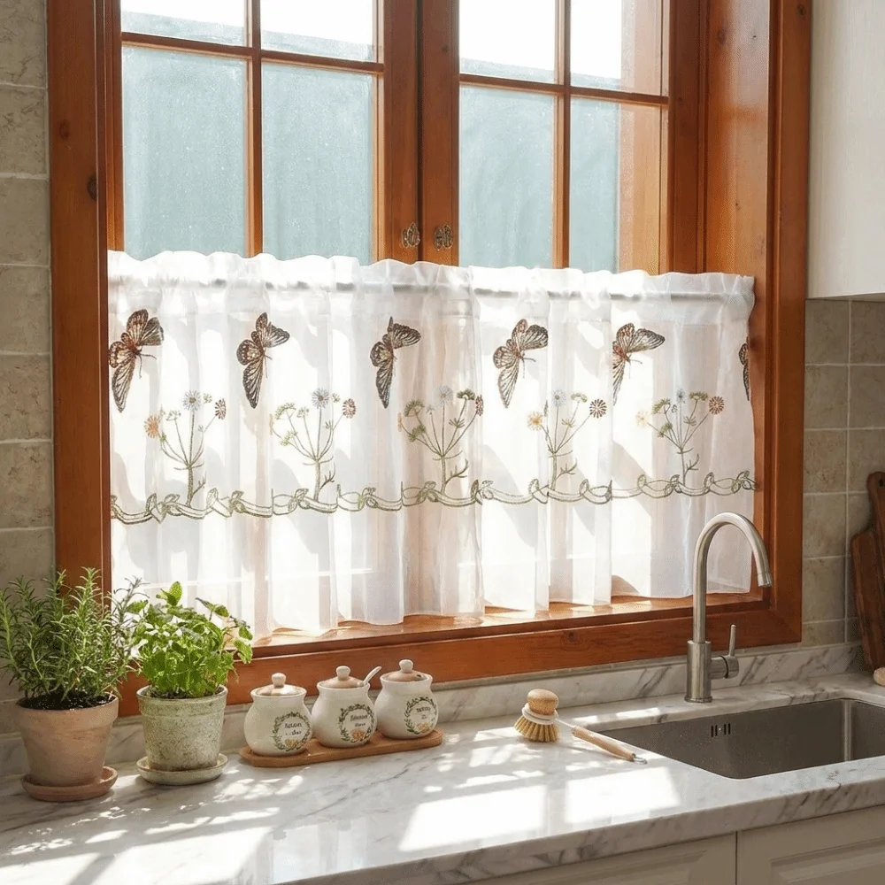 Pastoral Style Floral Lace Curtains Sheer Voile Dust-Proof Embroidered Curtains Light Blocking Lace Trim Short Curtains