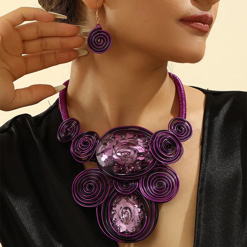 UDDEIN Handmade Weave Aluminum Wire Big Gem Necklace & Pendant Vintage Jewelry Sets Party Collar Earrings Set