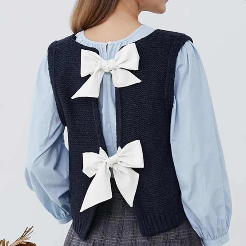 Talenza Autumn Bow Sweater Women's New Sleeveless Hollow Out Patchwork Knitted Top Casual Loose Office Lady Streetwear Sweater