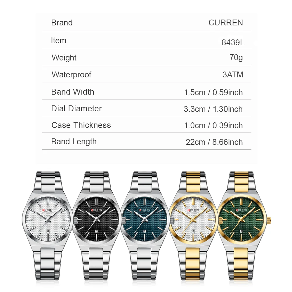 CURREN Luxury Brand Watches for Ladies Elegant Simple Dial with Auto Date Stainless Steel Band Quartz Wristwatch