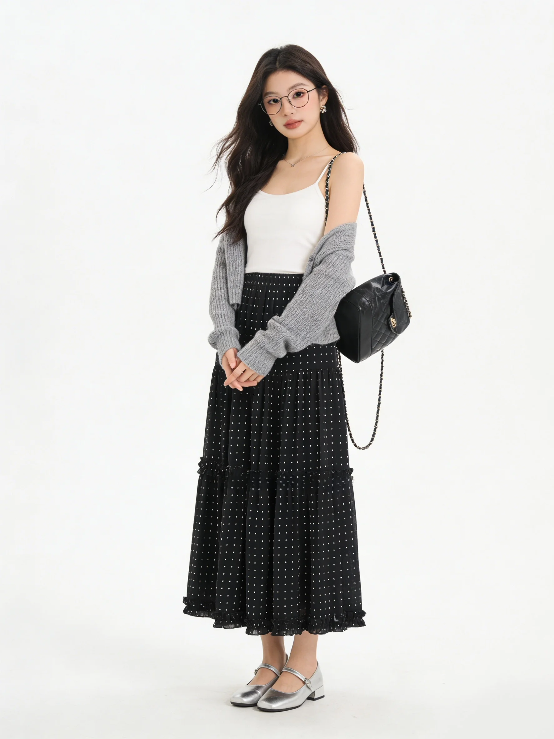 

Юбка-миди в корейском стиле с высокой талией, А-силуэт, в горошек, с плиссировкой, для женщин, утягивающая, дышащая, приятная к телу