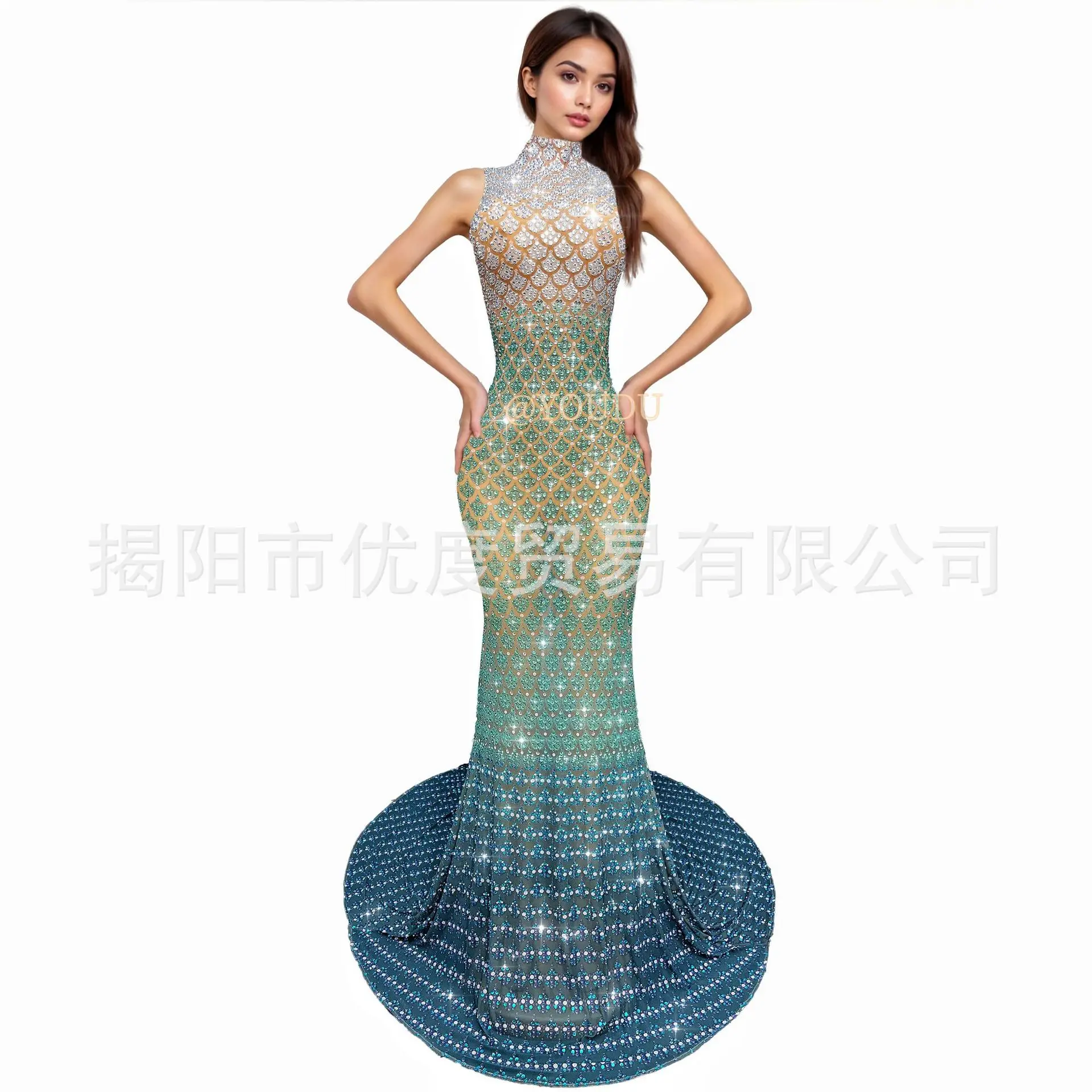 

Niche Design Sense Neck Heavy Industry Rhinestone Dress Banquet Night Party Performance Green Snake Big Skirt Vestidos Elegantes