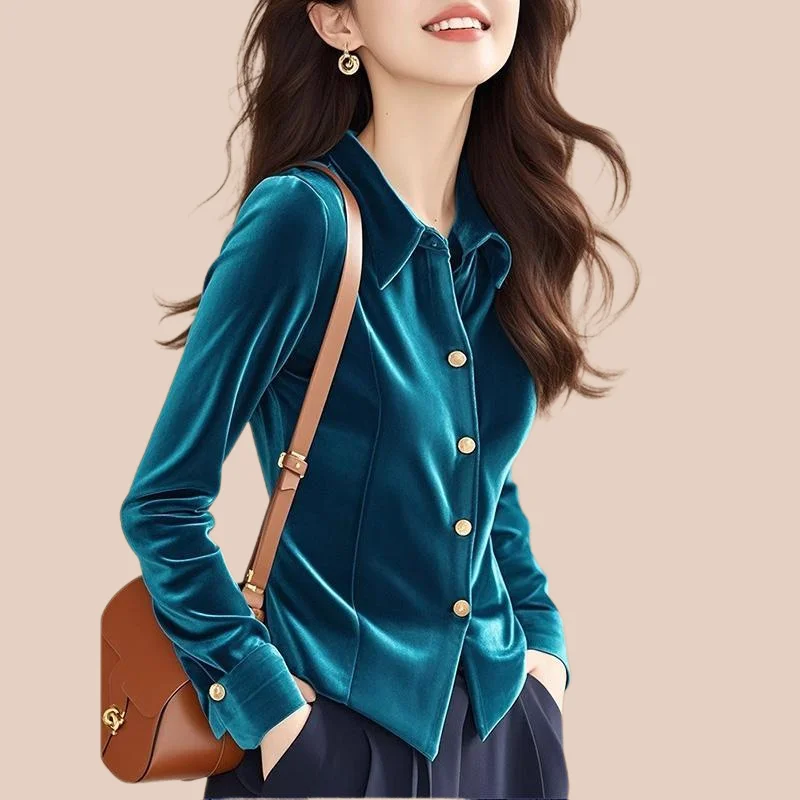 女性のブラウス 2025 春秋ブルーベルベット気質ラペルレディースシャツ無地ファッション長袖女性スリムトップ