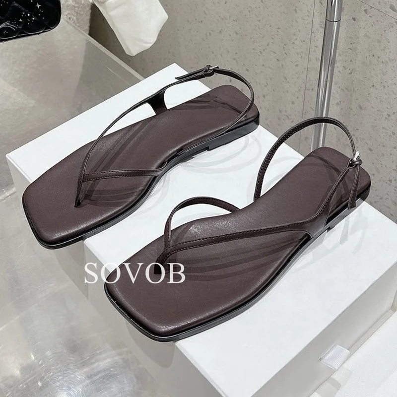 Summer Genuine Leather Kitten Heel Sandals  Women Square Toe Simple Back Strap Flipflops Sandalias Daily Banquet Dresses Shoes