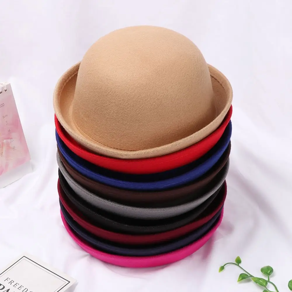 Spring Summer Vintage British Jazz Curling Top Hat Retro Fedoras Hats for Women Couple Ball Cap Curling Round Top Hat