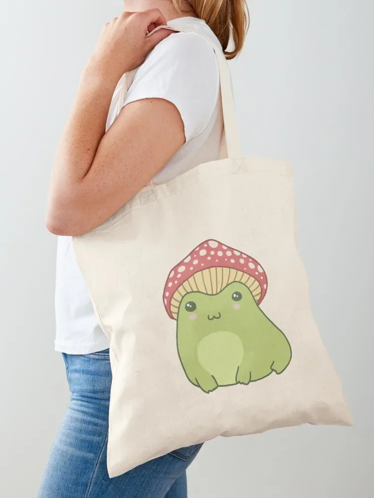 

Kawaii Frog with Toadstool Mushroom Hat: Cottagecore Aesthetic Toad, Edgy Kidcore Alt Emo Fairycore Fantasy Froggy Tote Bag