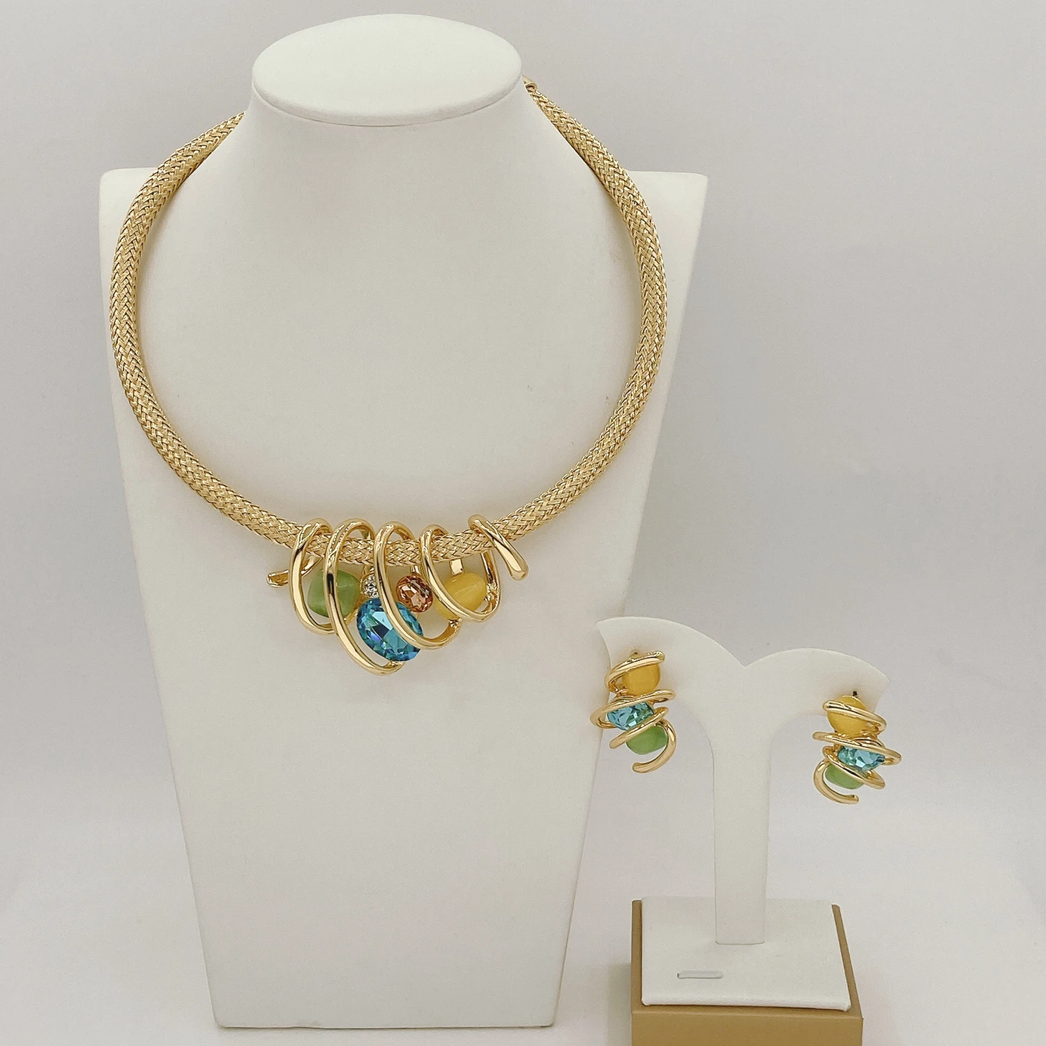 

Yulaili Gold Plated Spiral Design Jewelry Set Colorful Crystals Choker Necklace Stud Earrings Fashion Party Accessory HV010525