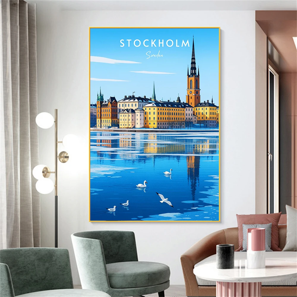Travel-themed wall decor, Stockholm, Sweden, Europe, Scandinavia, Baltic Sea, modern art, posters, gifts, prints, home decor