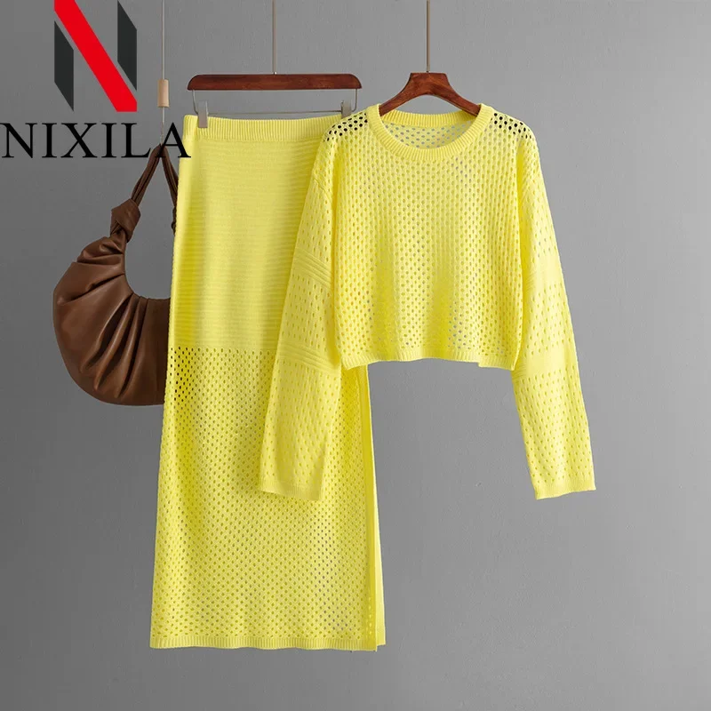 Primavera Autunno Maglia Hollow Pullover Abito alla moda Set da due pezzi Abiti da donna Elegante ufficio Top a maniche lunghe Set di gonne