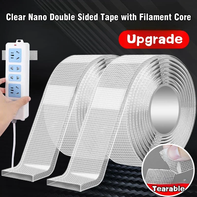 Upgraded Adhesion Tearable Filament Core Double Sided Tape Heavy Duty Clear Nano Mounting Tape Removable Strong Sticky Strip