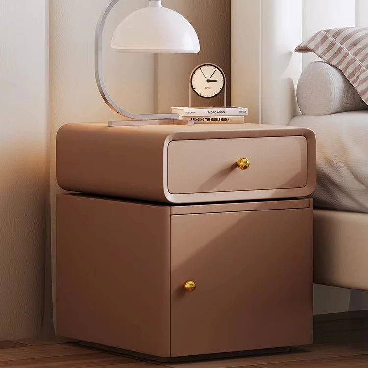 #Rotatable French cream bedside table Bedroom locker Secure leather small bedside table