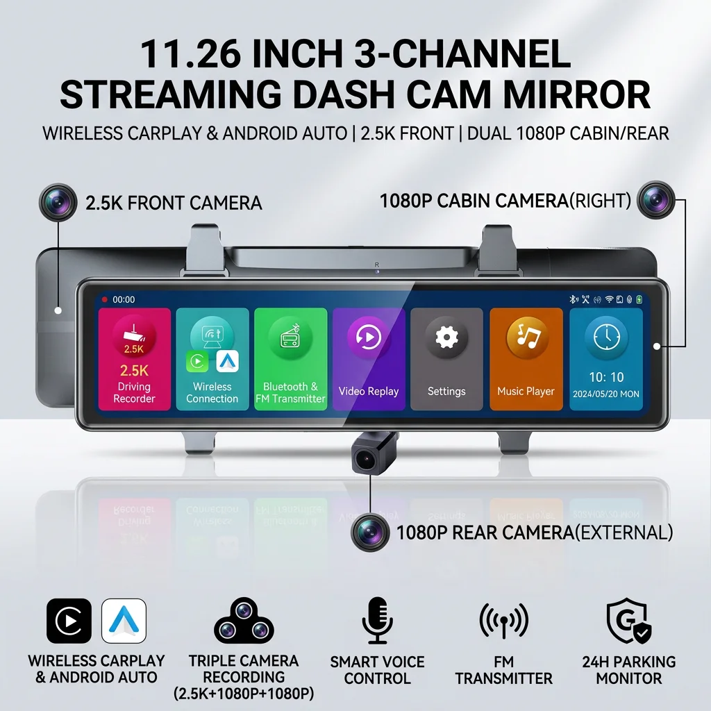 3 Cameras Dash Cam 1080P Car Mirror Video Recording Carplay & Android Auto Wireless Connection WiFi Miracast GPS Navigation DVRs
