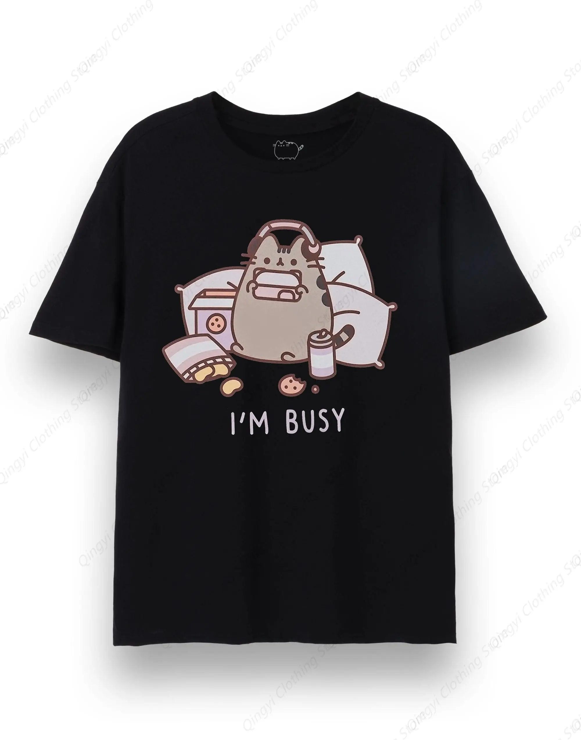 

Unisex T-Shirt | Adults I'm Busy Short Sleeve Black Graphic Tee | Cat Snacks Drinks Gaming Mens Womens Apparel