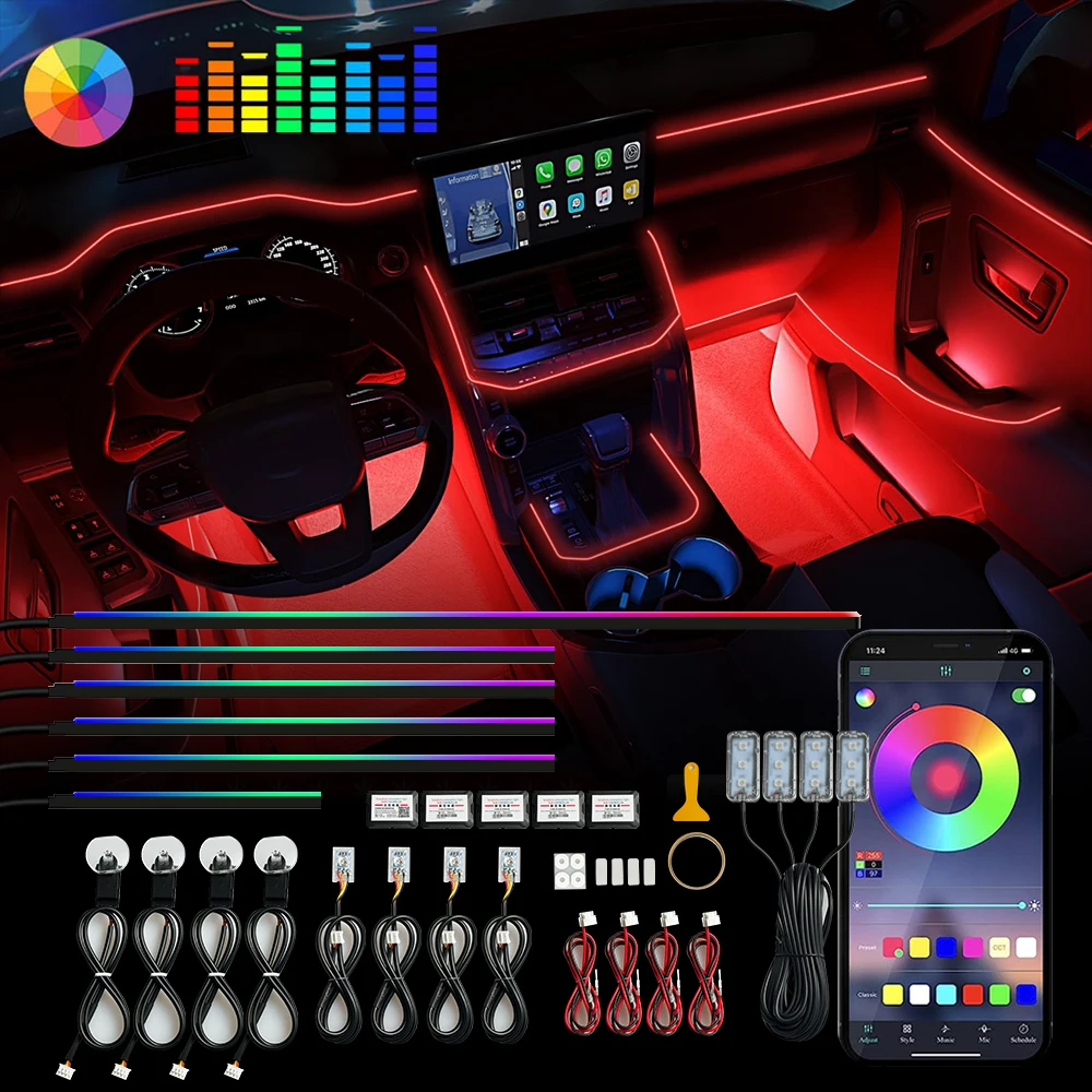 6 in 1 Led Car Ambient Streamer Symphony Strip Kit Rgb  64 Color Rainbow Interior Dashboard Acrylic Decorative Lights 12V