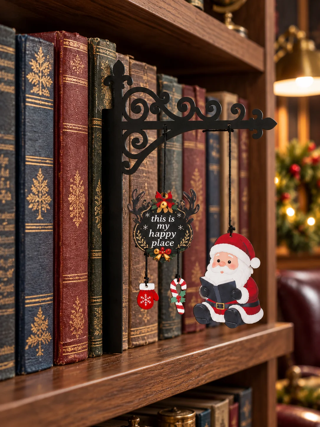 Christmas Bookend Hanging Ornament Santa Snowman Reading Book Pendant & Quote Plaque Farmhouse Xmas Shelf Desktop Decor for Home