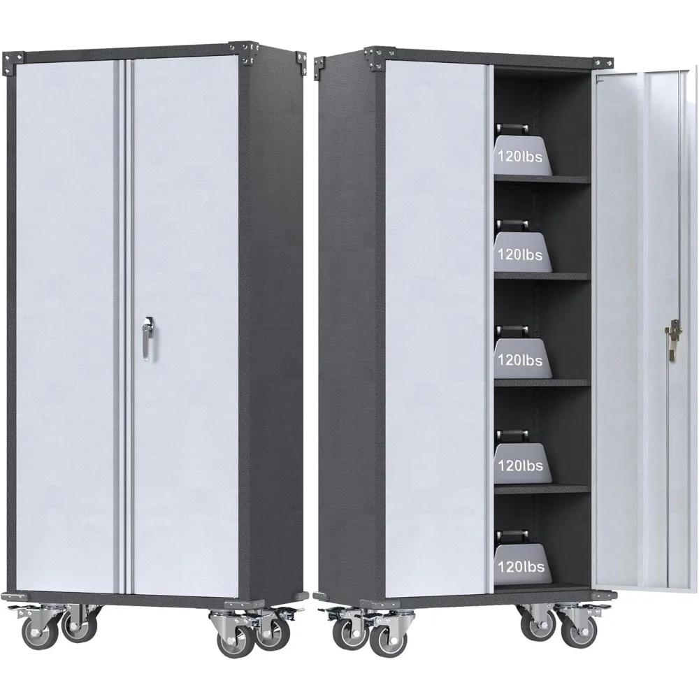 71" Metal Storage Cabinet with Wheels,Garage Storage Cabinet with Locking Doors and 4 Shelves,Lockable Rolling Tool Cabinet for