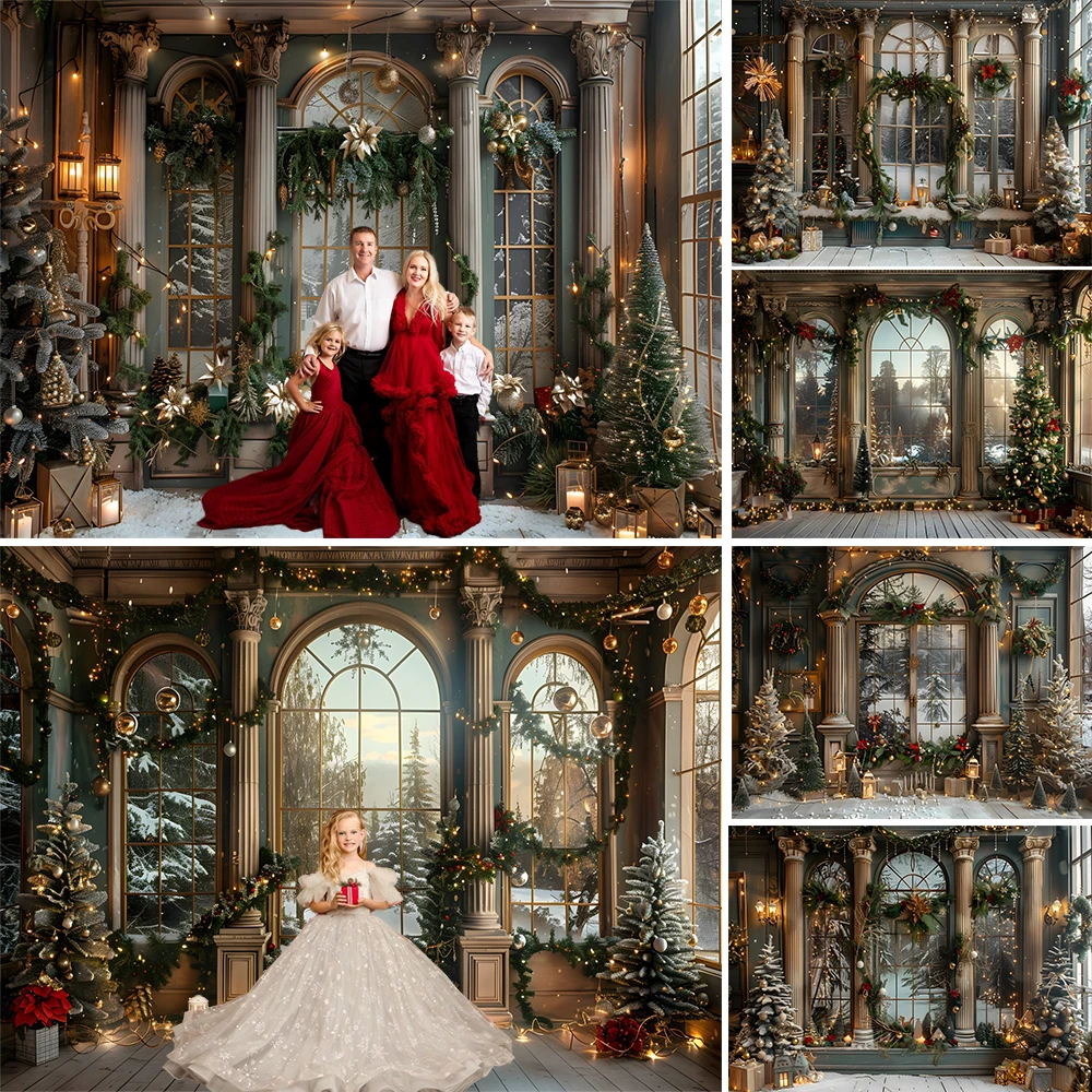 

Christmas Palace Photography Background Golden Xmas Ball Decor Pine Tree Backdrop Winter Family Portrait Snowy Photozone Studio