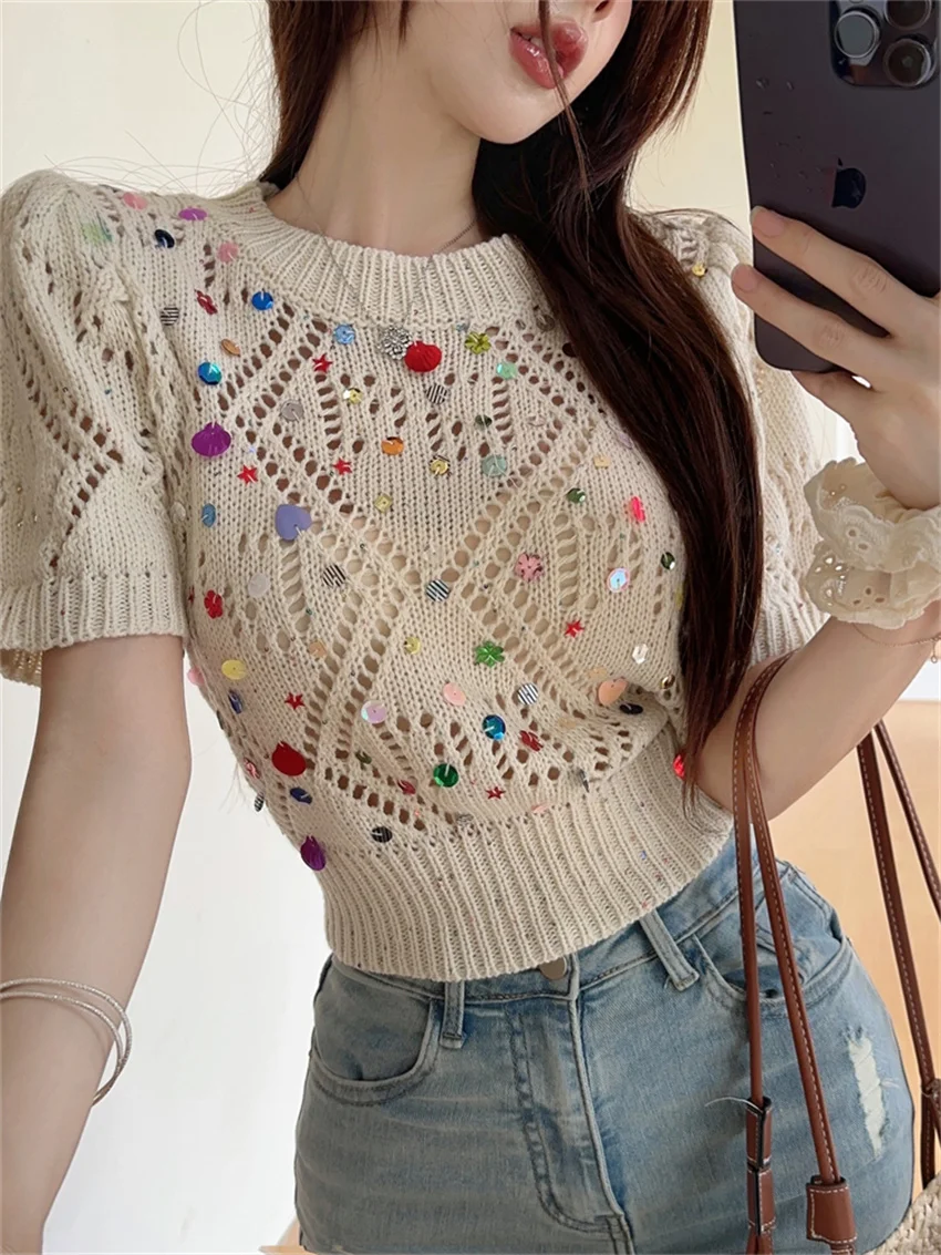 PLAMTEE Summer Hollow Out Sweet Sweaters Tees Women 2024 Casual Knitted Chic Pullovers Fashion Loose Office Lady Gentle