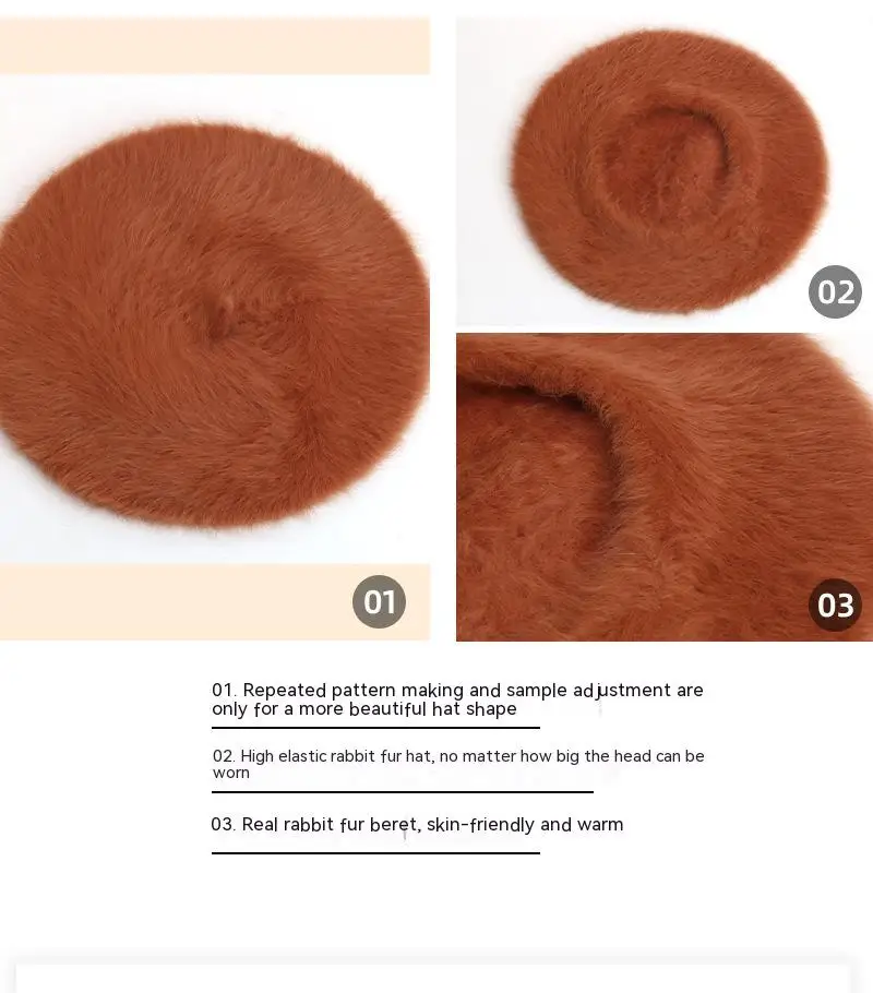 Einfarbige, bauschige, bündige Angora-Französische Baskenmütze, pelzige Künstler-Flachmütze für Damen, Mädchen, Jugendliche, Teenager – Detail 6