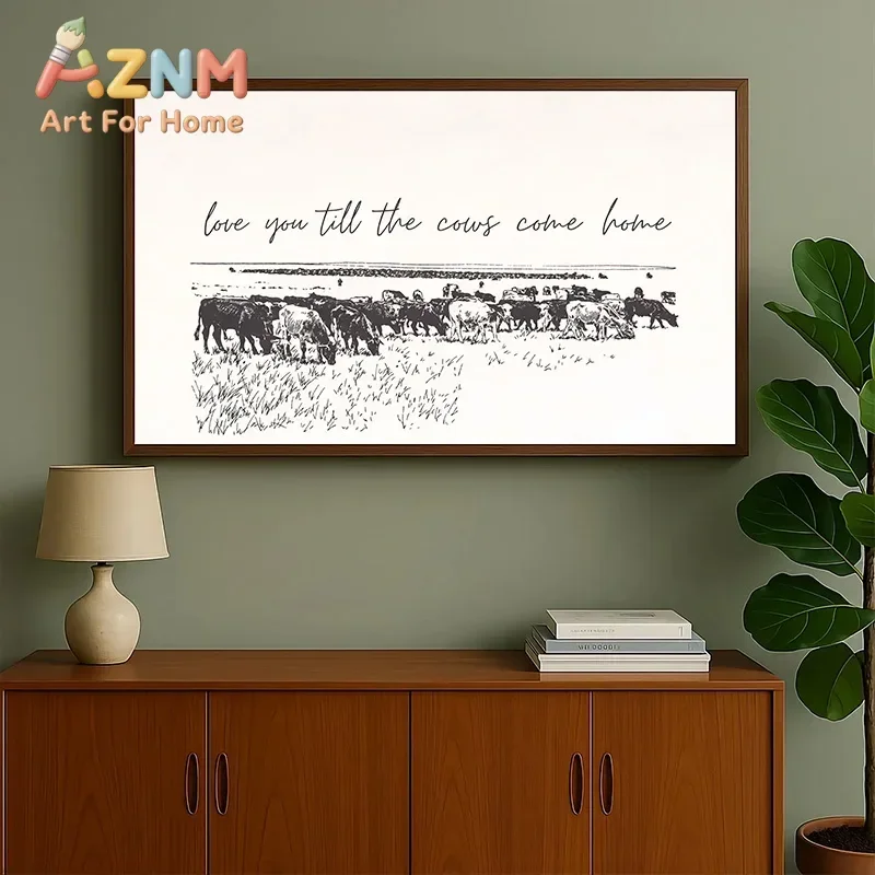 Retro Rustic Sketch Poster Prints Painting Pastoral Scene Featuring A Herd of Cattle Wall Art Home Décor for Bedroom Living Room