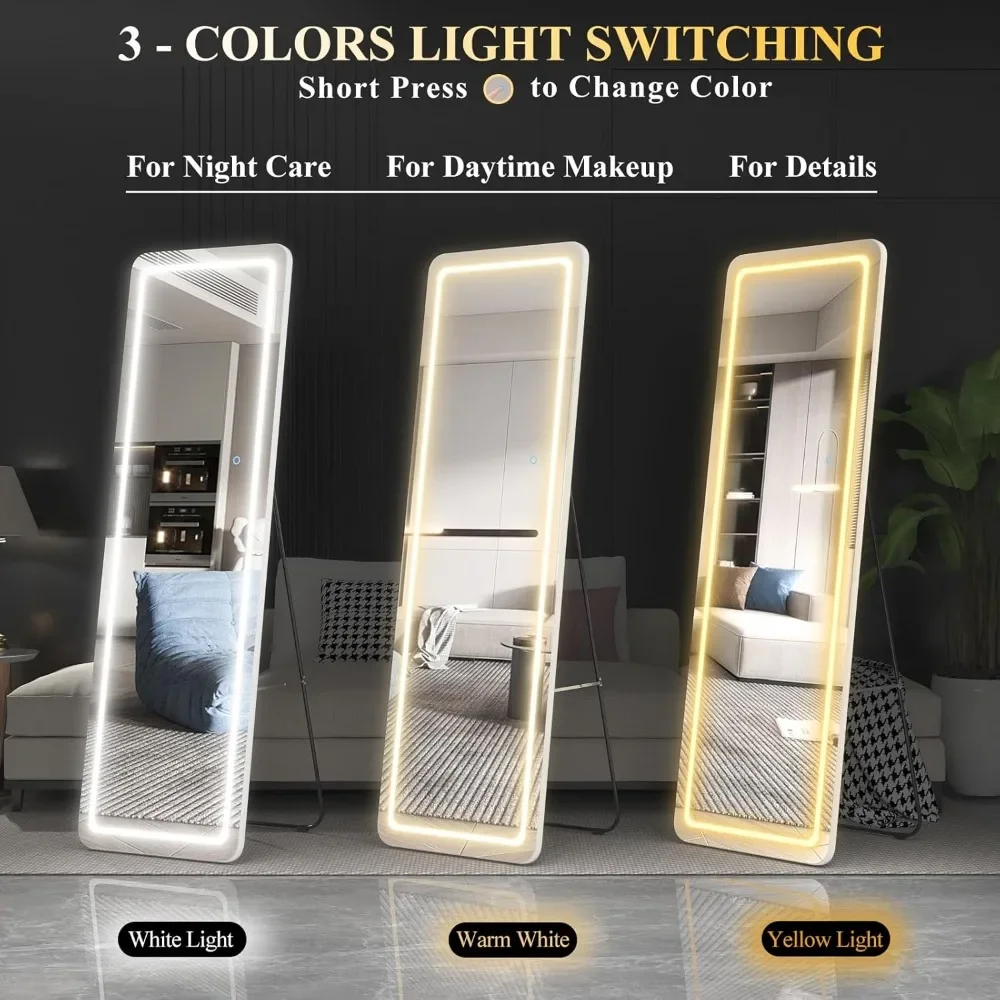 63"x20" Full Length Floor Mirror Dimming Lights, Touch Control, Wall Mounted Hanging Mirror, Full-Size Body Lighted Mirror