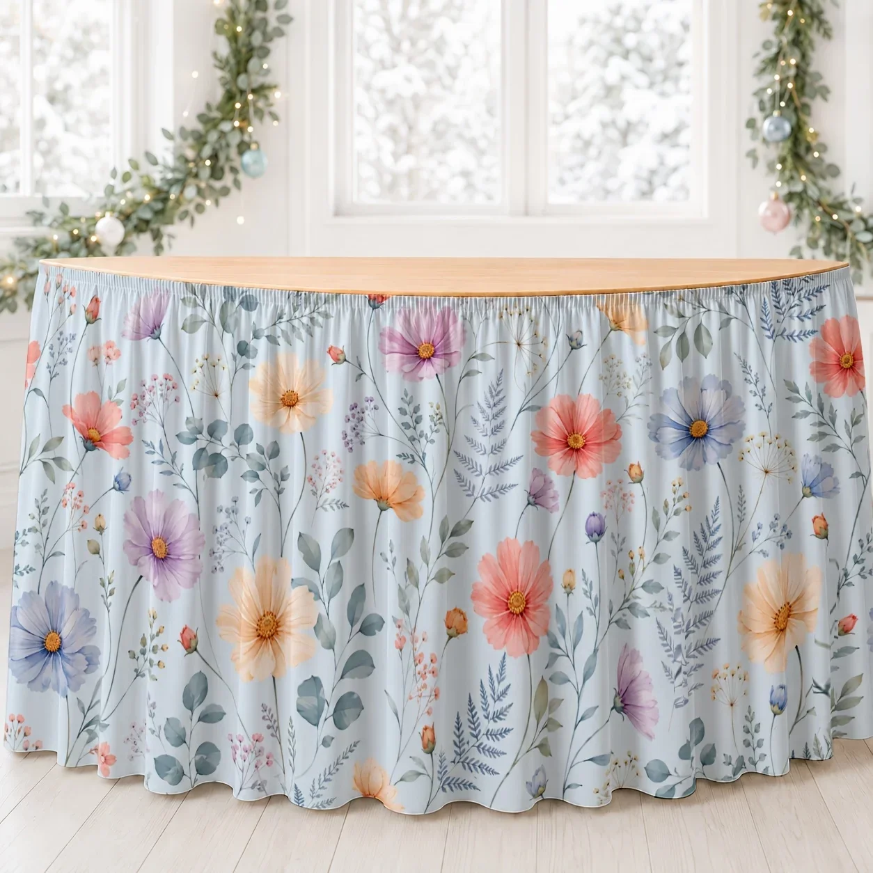 A tablecloth and table skirt in the pastel floral garden style, suitable for garden parties and Easter celebrations.xzj