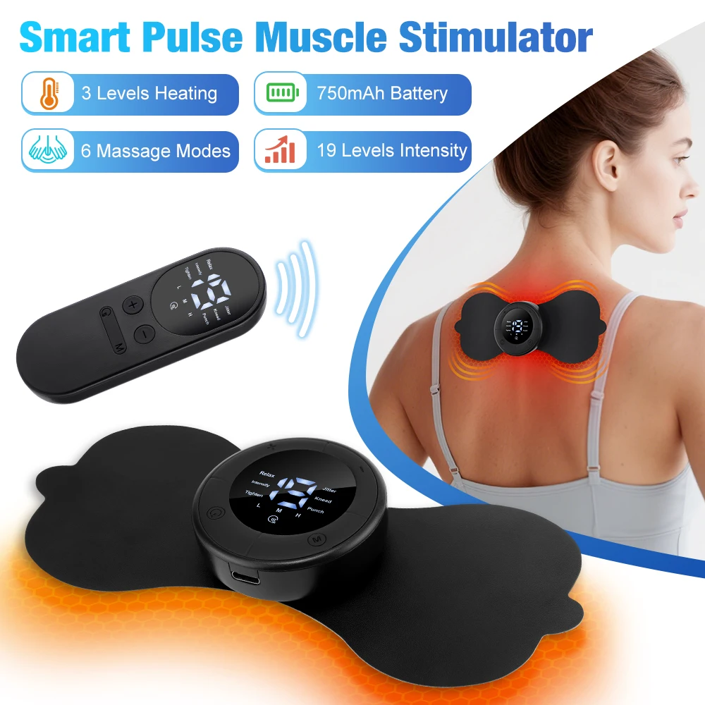Neck Massager EMS 3 Heating19 Intensities Remote Control Mini Pulse Stimulator for Back Shoulder Waist Leg Arm Promotes Blood Circulation
