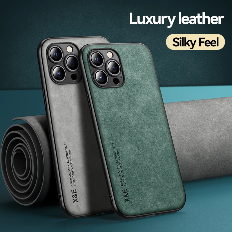 Luxury Silky Feel Leather Case For Iphone 15 Ultra 14 13 12 11 Pro Max X XS XR 7 8 Plus Built-in Magnetic Iron Plate Back Cover