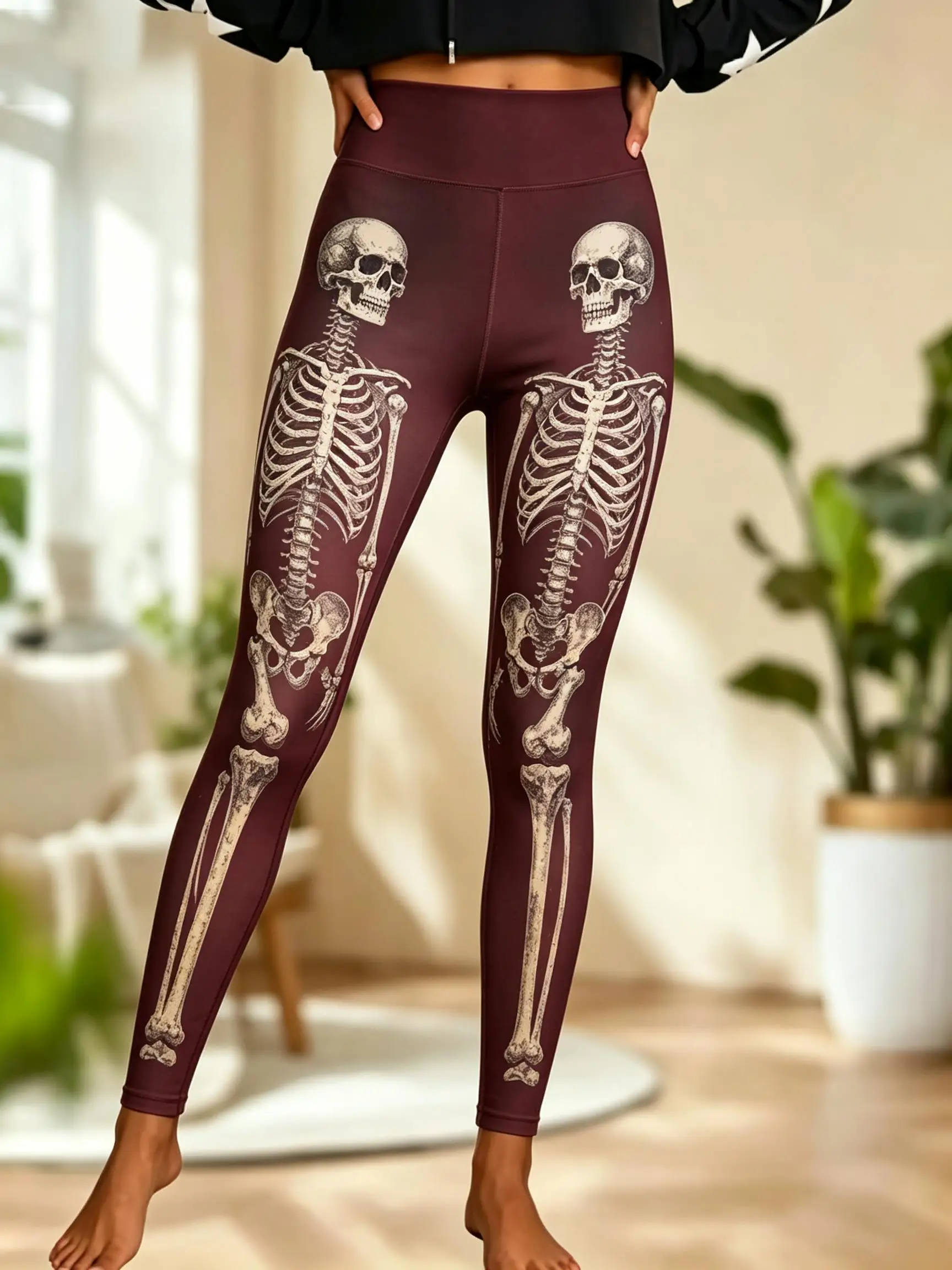 Women Halloween Fleece Mid‑Rise Leggings Purple Gradient Skeleton Full Print Stretch Slim Pants