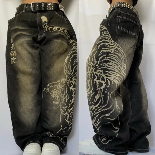 Imagen 2 del producto 2025 moda nuevo patrón de gran tamaño estampado pantalones vaqueros holgados hombres Y2K calle Vintage Rock Casual recto alta cintura pantalones de pierna ancha