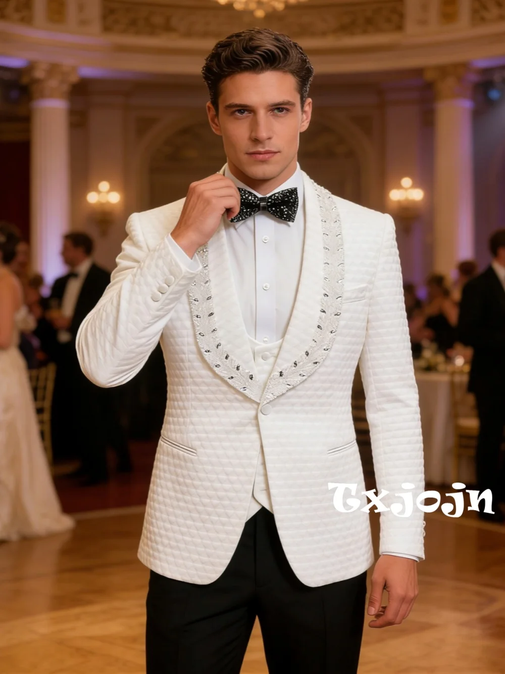 

Men's Jacquard Suit Set 3 Pieces Wedding Groom Sets Long Sleeve Exquisite Beaded Tuxedo Banquet Party Wear Plus Size Suits