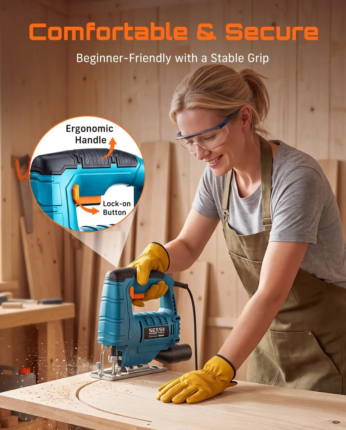SEESII 500W Corded Jig Saw Electric Power Cutter with 4 Blades 3000 SPM JigSaw Curve Saw Woodworking Cutting Multifunction Saw