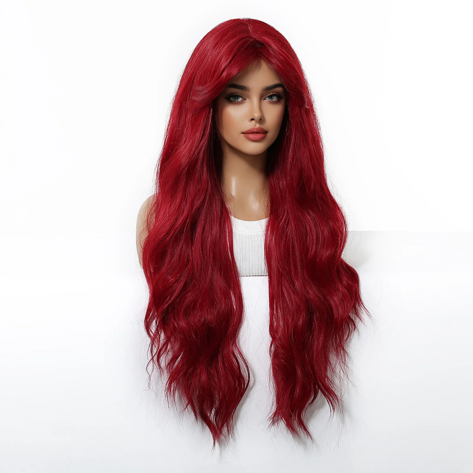 Long Wine Red Curly Wavy Synthetic Wigs with Bangs for Women Burgundy Natural Daily Cosplay Christmas Heat Resistant Fake Hairs