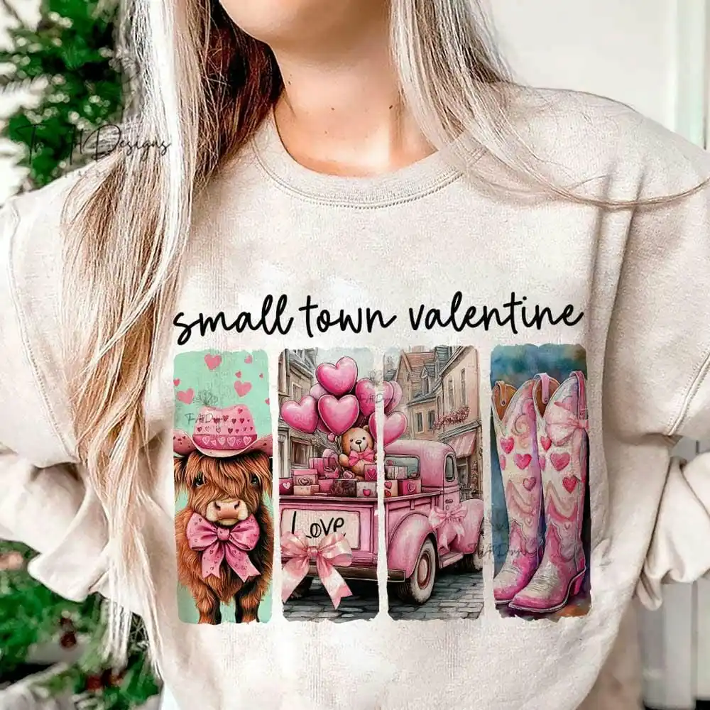 Retro Small Town Western Valentines Day Sublimation Sweatshirt Howdy Valentine Casual Roundneck Fleece Sweatshirt Y2K Streetwear