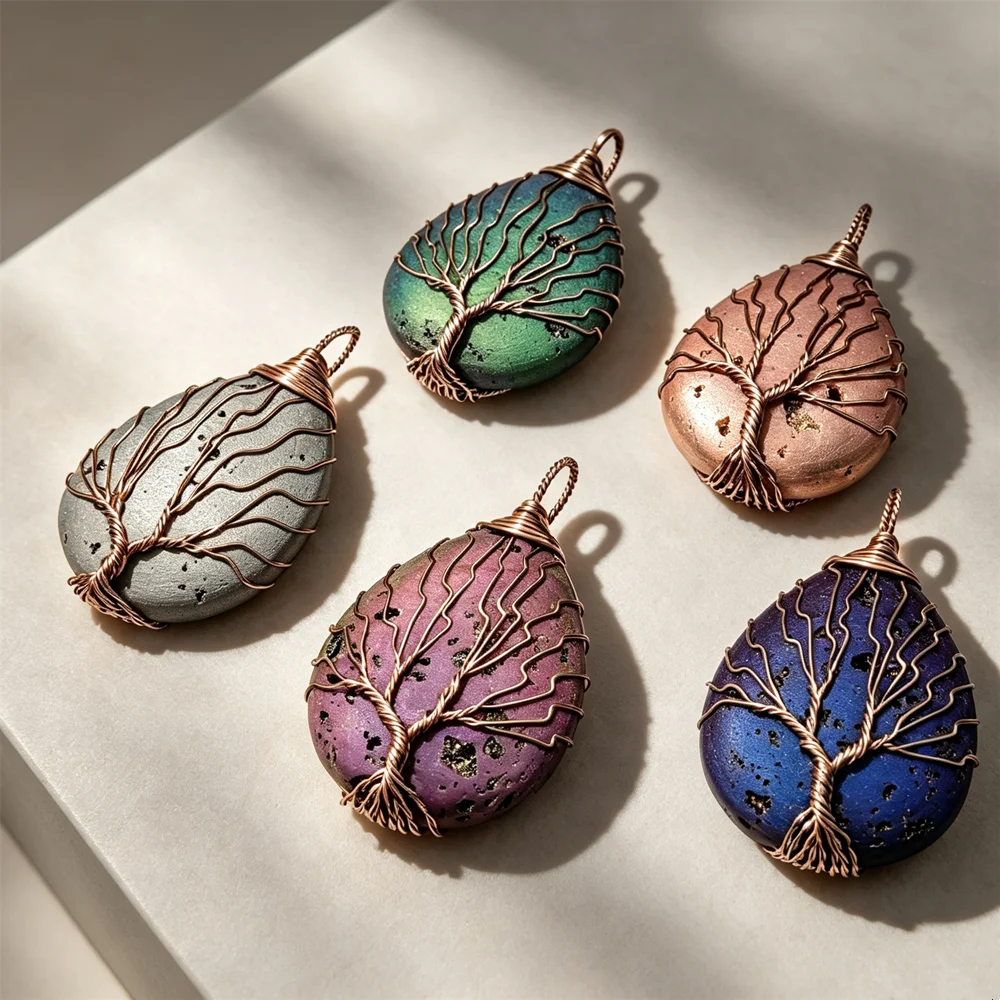 1PC Handmade Wire Wrapped Tree Of Life Teardrop Druzy Mineral Pendant Complete Snake Chain Neck Ornament Golden Plated P2D1079