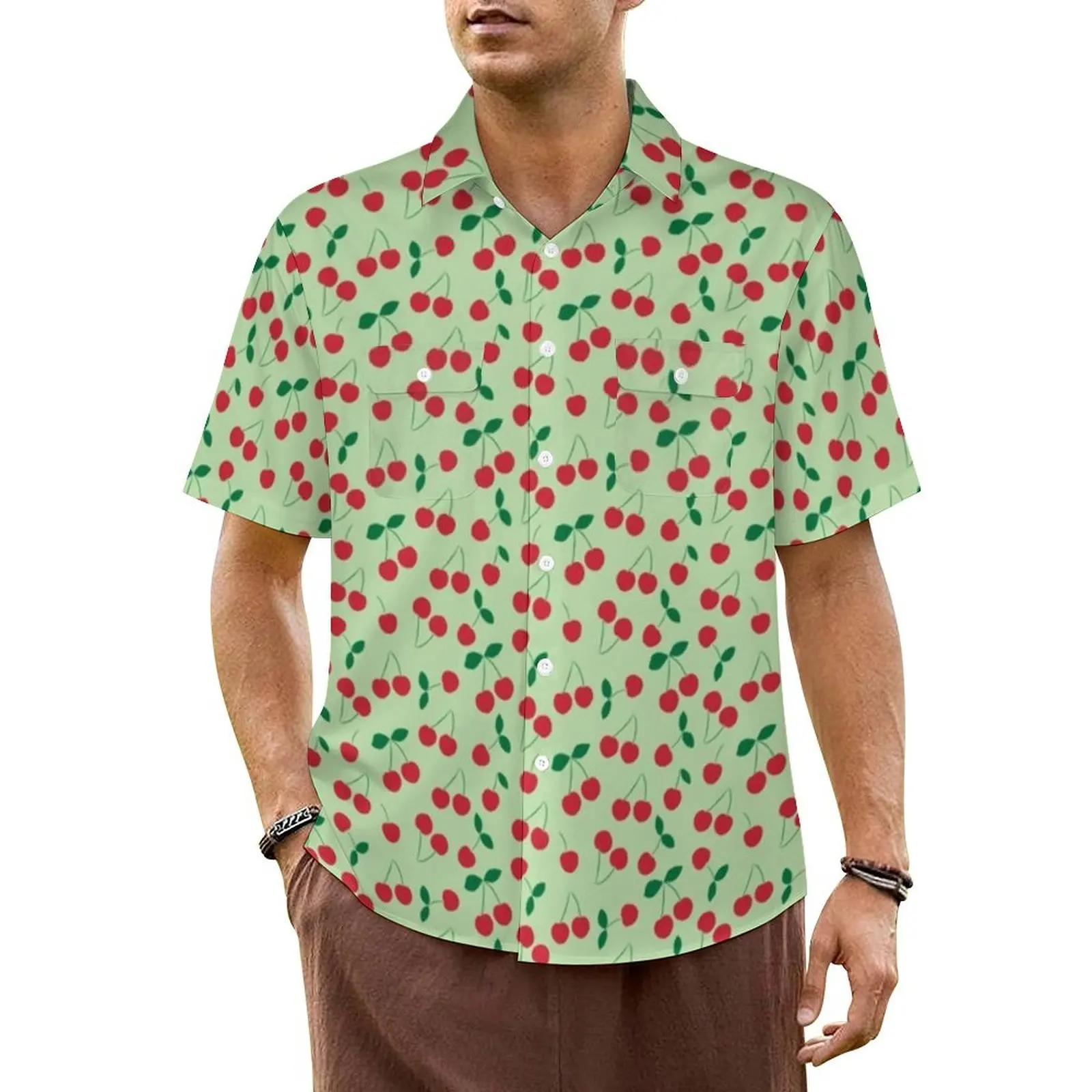 Cute Cherry Print Beach Shirt Retro Fruit Hawaii Casual Shirts Men Trendy Blouses Short Sleeve Comfortable Custom DIY Tops