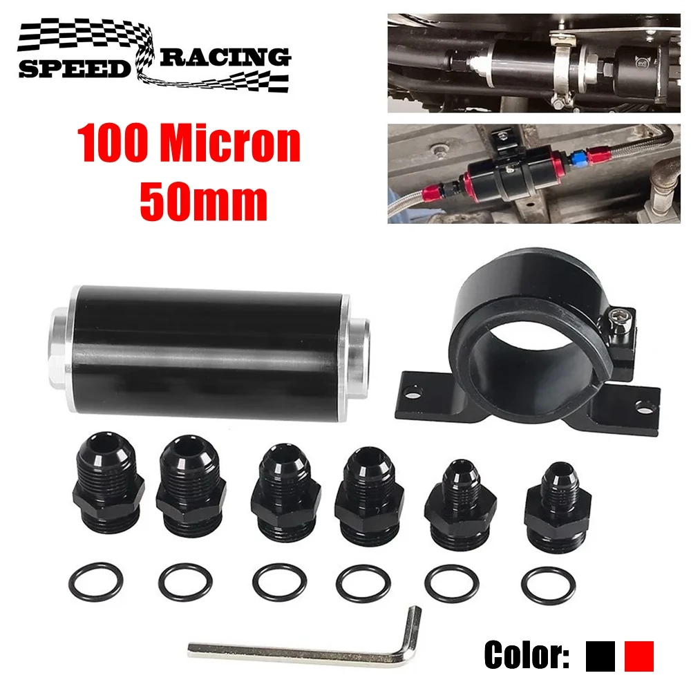 Universal 100 Micron Inline Fuel Filter Kit with 6AN 8AN 10AN Adapters & 50mm Mounting Bracket & Wrench Cleanable Black/Red