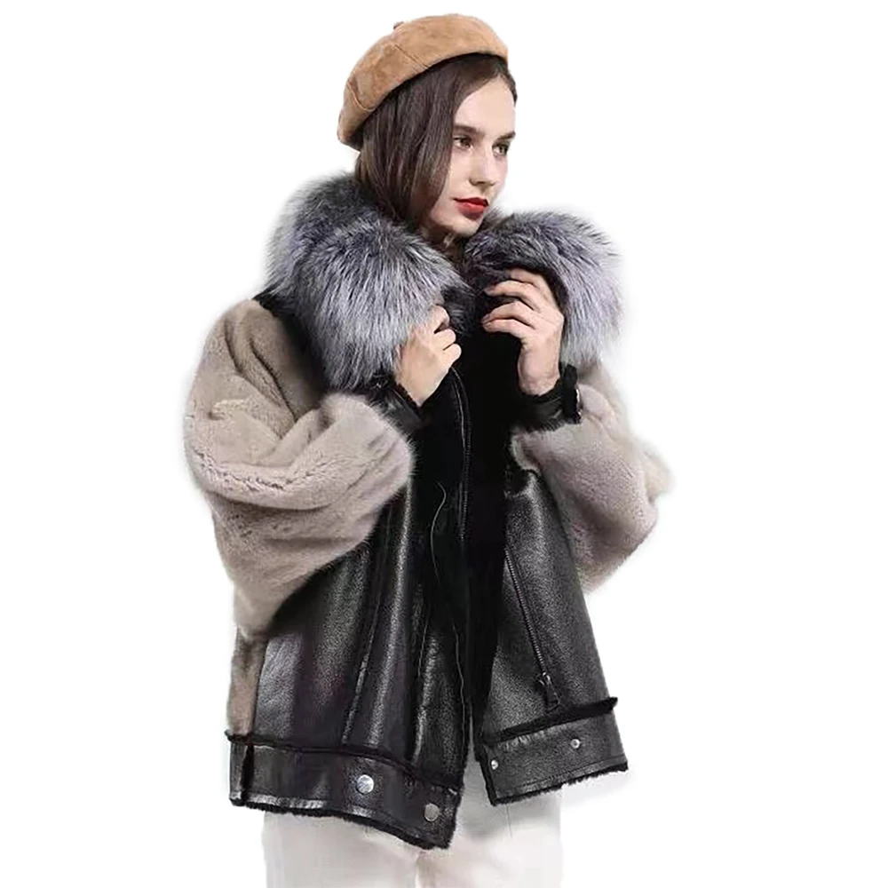 2023 New Natural Mink Fur Coats Fashion Genuine Leather Jackets Female For Women With Real Fox fur Warm Winter Short