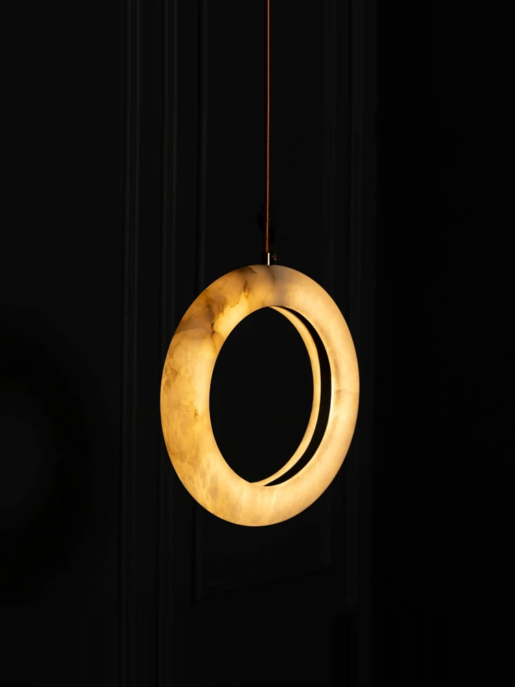 Dimmable LED Marble Circle Hanging Lamps Chandelier White Alabaster Pendant Light Suspension Luminaire Lampen For Foyer Corridor
