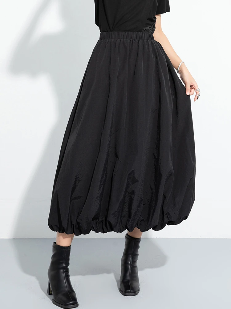 CHICEVER Black Flower Bud Long Skirt For Women High Waist Spliced Pockets Temperament Loose A Line Pleated Skirts Female Autumn