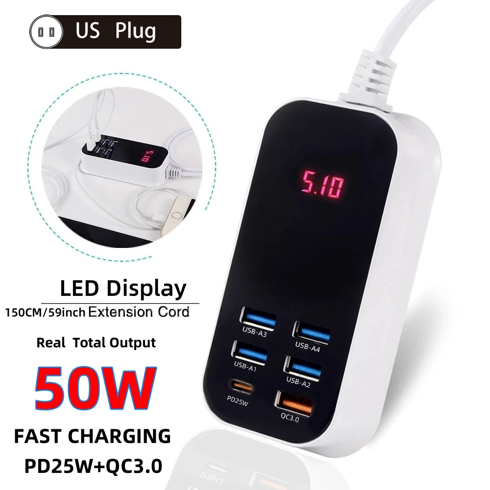 Real 50W UK Plug USB Type C PD QC3.0 Charger Phone Fast Charging LED Extension Cord Power Adapter Desktop Wal for iPhone Samsung