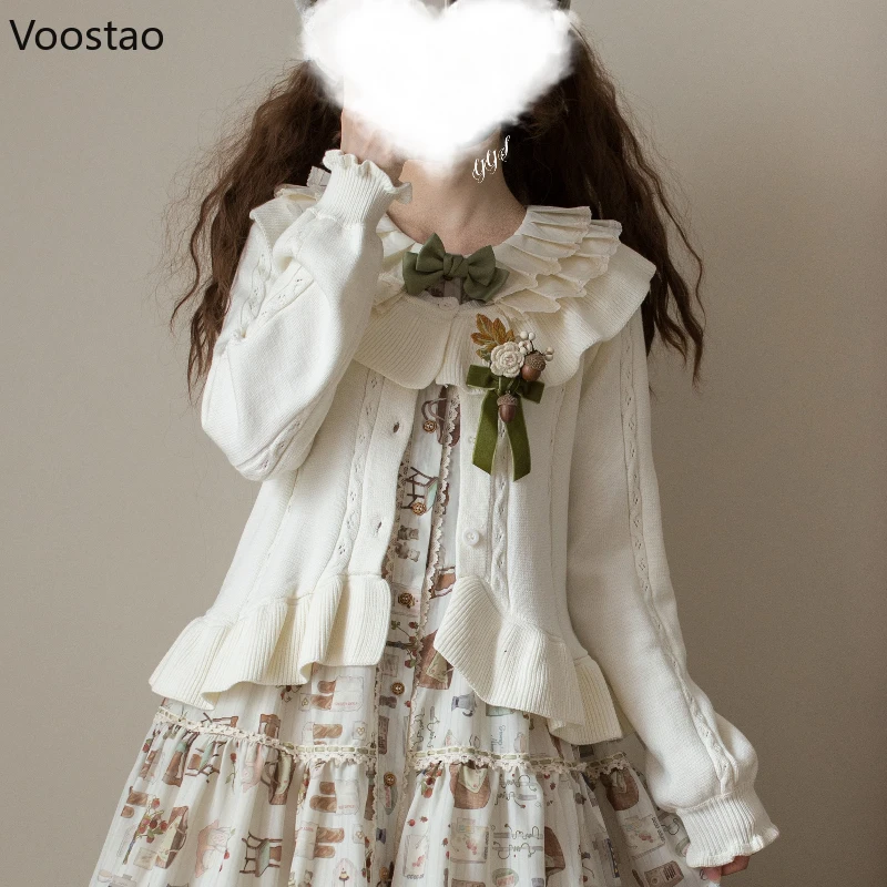 اليابانية Kawaii لوليتا البلوزات سترة المرأة أنيقة الحلو الكشكشة س الرقبة طويلة الأكمام محبوك معطف الفتيات Vintage بلايز عادية
