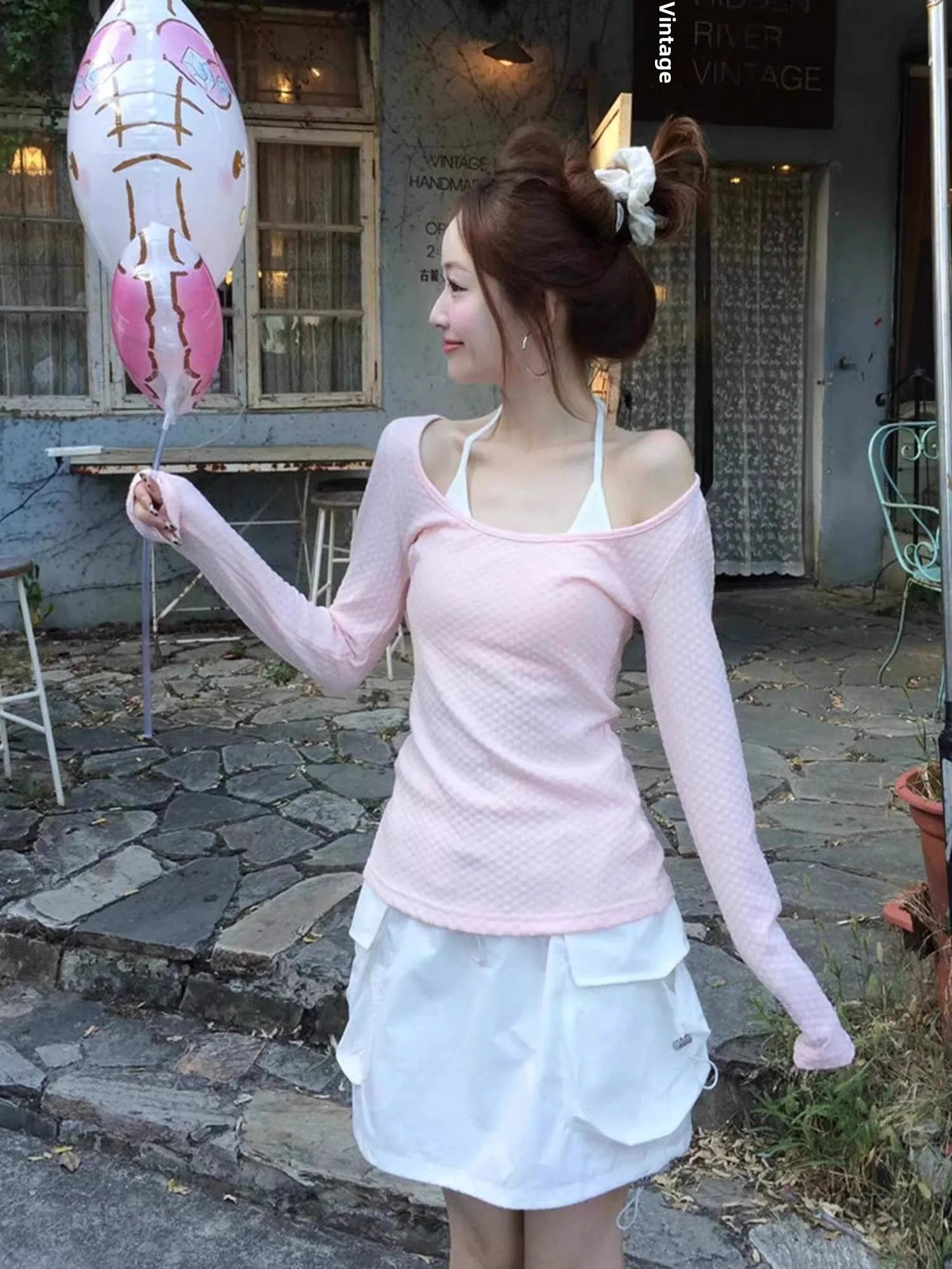 الحلو الوردي النقي طويل Sve Ne شنقا تي شيرت المرأة الربيع الصيف تصميم الإحساس oulder كلمة واحدة ضئيلة ort الأعلى #5