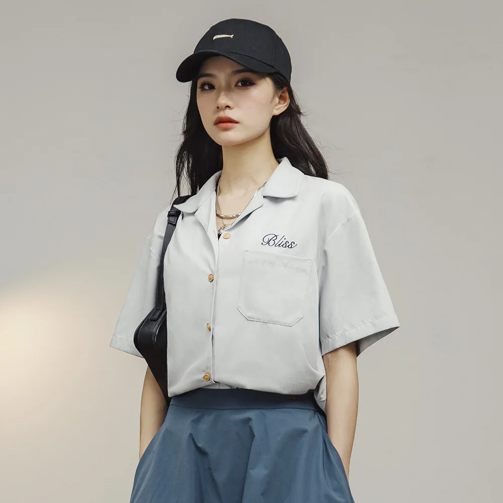 

Maden Women’s Casual Button Down Short Sleeve Lapel Collar Shirt Loose Fit Letter Embroidery Shirt for Daily Outfits Summer