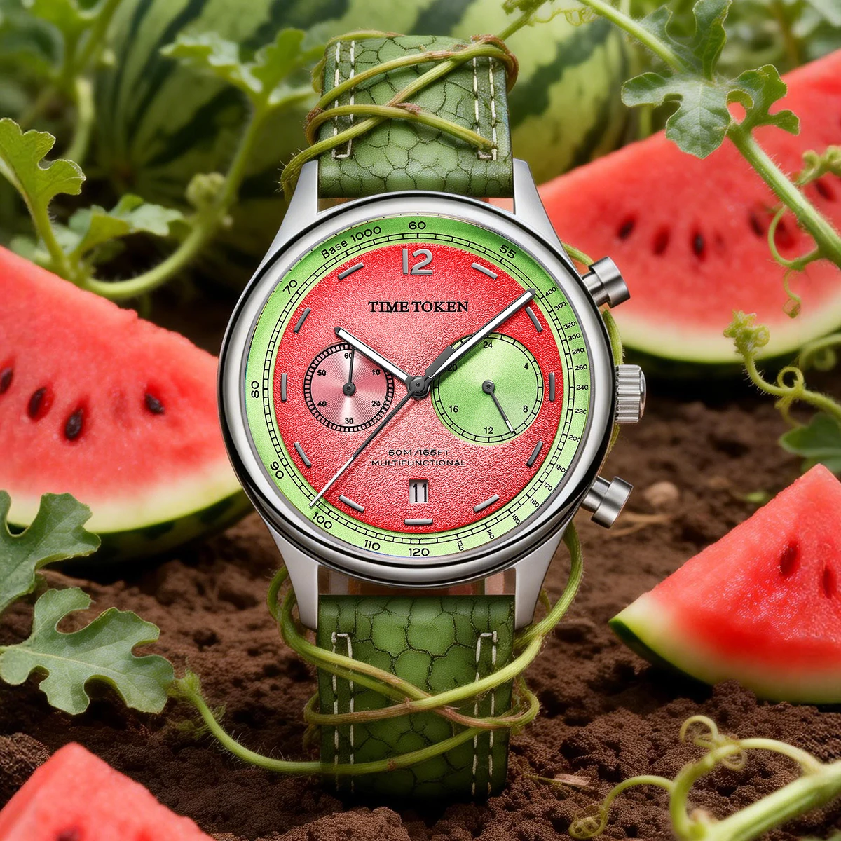 Мужские часы TIME TOKEN Chronograph с японским механизмом Miyota OS21, циферблатом цвета арбуза, водонепроницаемые, с куполообразным сапфировым стеклом и календарем.